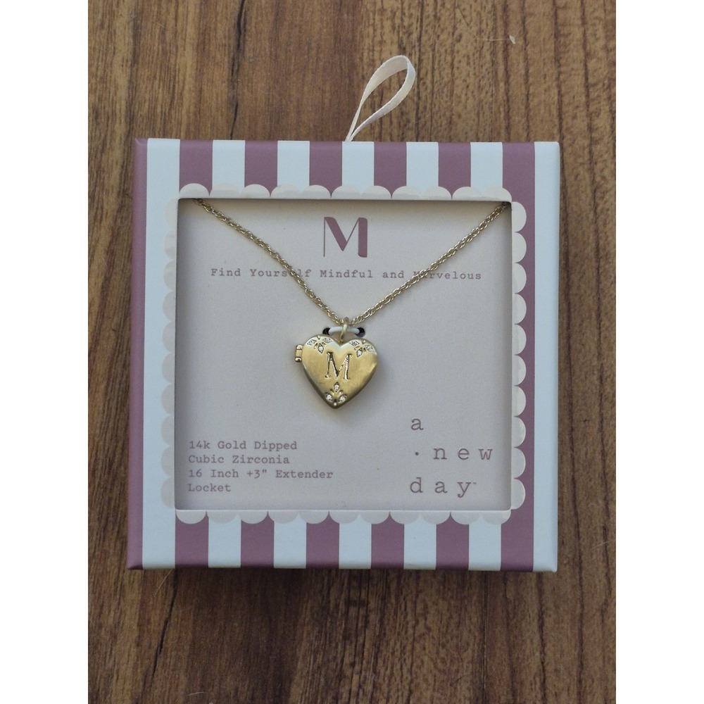 A New Day "M" 14K Gold Dipped Heart Locket Necklace Cubic Zirconia 16in S31